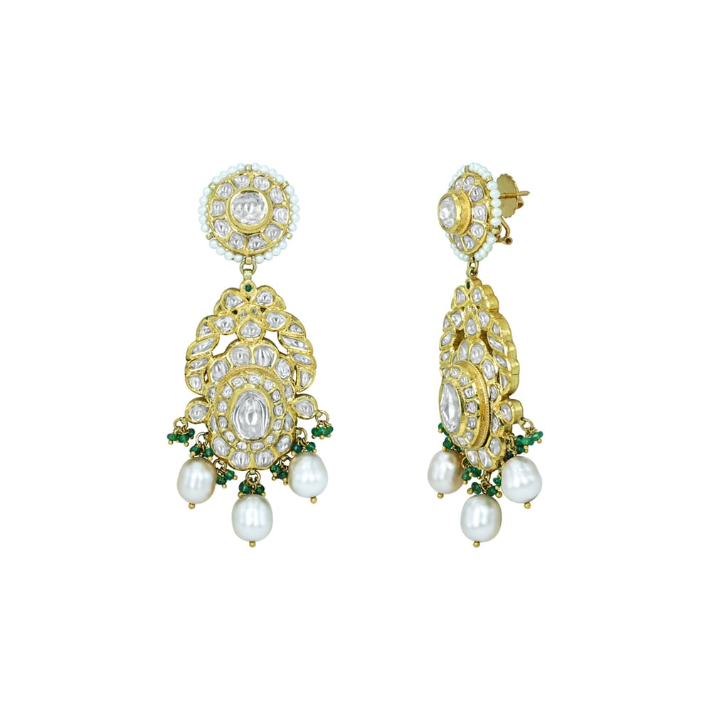 Polki Earrings with Pearls and Emerald Beads